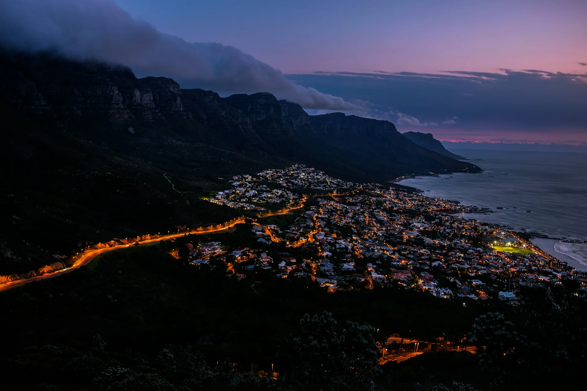Cape Town and its mountain at sunset, seen from high above the city